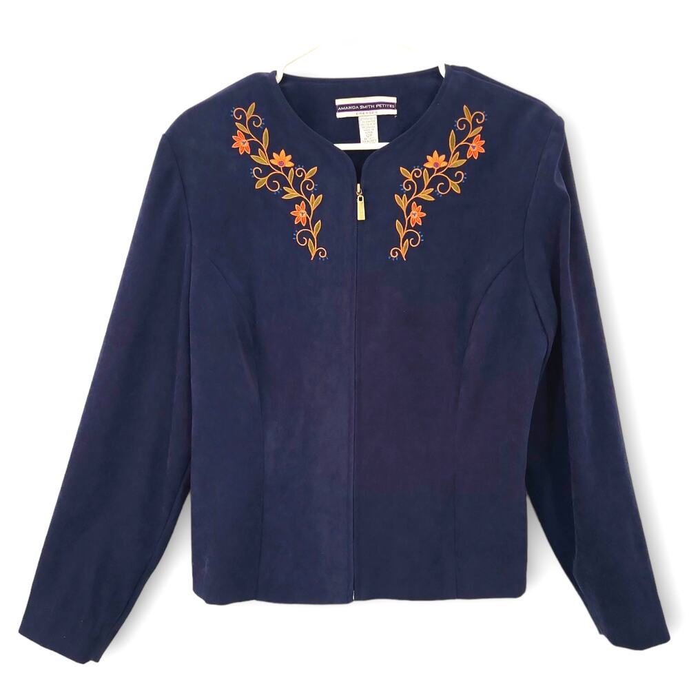 Amanda Smith Vintage Blazer Jacket Womens 12P Floral Embroidered Blue Blazer 90s